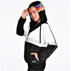 Victoria's Secret PINK Sherpa Lined Full Zip Anorak Hoodie Jacket Rainbow Logo